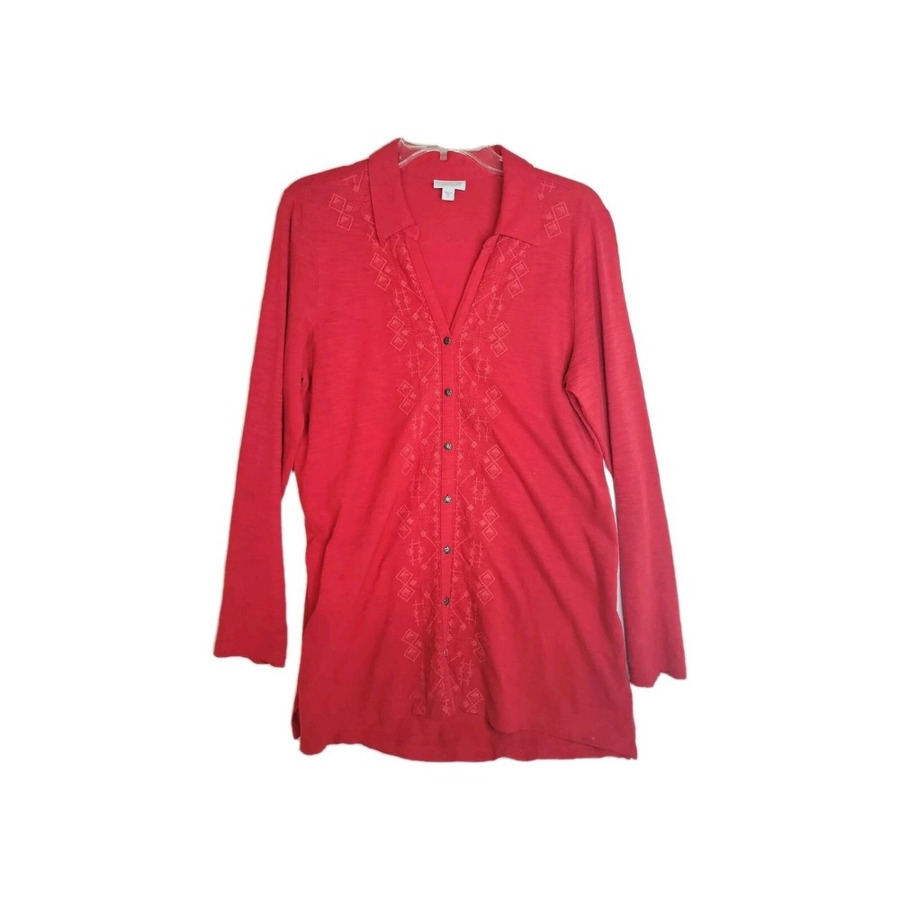 J Jill Red Embroidered Tunic Shirt Long‎ Sleeve Button M contemporary momcore